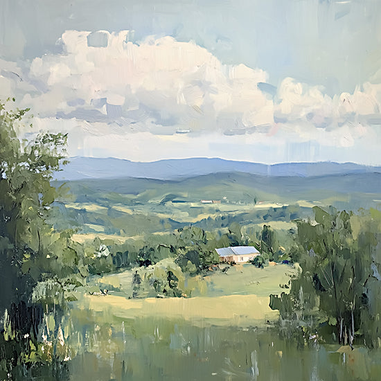 Heidi Kuntz HK581 - HK581 - View of the Valley - 12x12 painterly countryside vista, rolling green hills, farmhouse in distance, wide sky with fluffy clouds, impressionist brush strokes, pastoral landscape, summer greenery, open fields, tranquil rural scene from Penny Lane