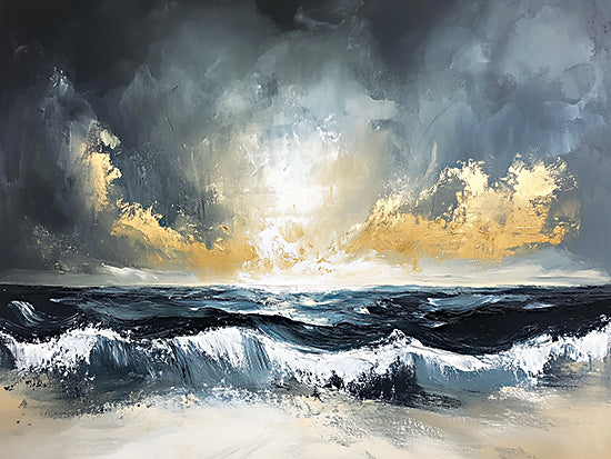 Heidi Kuntz HK609 - HK609 - Stormy Waters - 16x12 dramatic ocean painting, crashing waves, stormy sea, glowing horizon, moody seascape, abstract coastal art, dark clouds, textured brushwork, whitecaps, atmospheric marine scene, gold light breaking through storm, expressive ocean motion, modern painterly seascape from Penny Lane