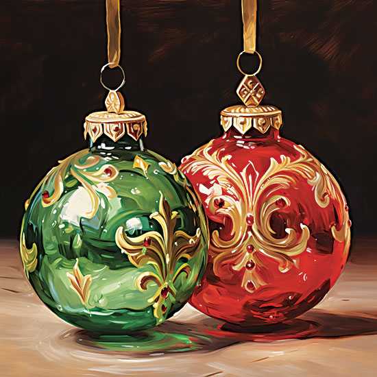 Heidi Kuntz HK657 - HK657 - Holiday Treasures - 12x12 red and green glass Christmas ornaments, gold filigree details, shiny holiday baubles, dark background, festive still life, elegant tree decorations, glossy painterly ornaments, traditional Christmas colors from Penny Lane