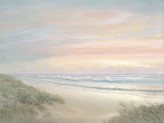 Georgia Janisse JAN353 - JAN353 - Calm of the Morning - 16x12 pastel beach landscape, soft sunset sky, sea oats, sand dunes, turquoise water, pink and peach clouds, serene shoreline, coastal painting, airy seascape, gentle waves, tranquil beach scene, dreamy pastel palette, seaside nature, painterly horizon from Penny Lane
