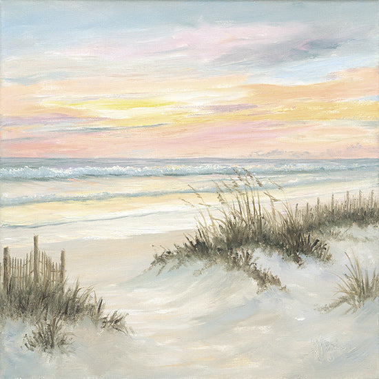 Georgia Janisse JAN355 - JAN355 - Perfect Morning 2 - 12x12 coastal dunes painting, pastel sky, blush sunset, mint water, sandy path to shore, sea oats, soft beach landscape, serene ocean view, airy seascape, tranquil shoreline, coastal nature art, painterly brush strokes, dreamy seaside palette from Penny Lane