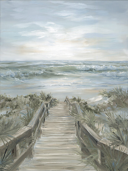 Georgia Janisse JAN360 - JAN360 - Walkway to the Shore - 12x16 beach boardwalk painting, wooden path to ocean, dune grasses, coastal walkway, seaside access path, soft blue water, airy clouds, tranquil shoreline, serene seascape, pastel coastal landscape, beach nature scene, painterly brushwork from Penny Lane