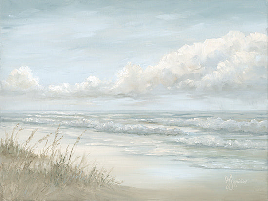 Georgia Janisse JAN362 - JAN362 - Stormy Surf - 16x12 soft beach seascape, pale aqua ocean, white clouds, sea grass dunes, tranquil shore, airy coastal painting, serene pastel beach, gentle surf, light sky, peaceful seaside landscape, calming ocean art, minimalist coastal decor, painterly brushwork from Penny Lane