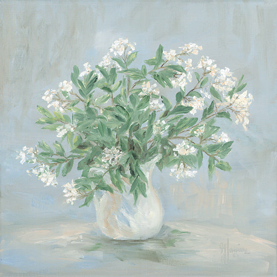 Georgia Janisse JAN365 - JAN365 - Garden Bouquet - 12x12 white floral still life, vase of blossoms, delicate flowers, green leaves, pale blue background, airy floral arrangement, soft botanical painting, spring flowers, elegant bouquet, serene tabletop art, light and fresh palette, painterly brushwork from Penny Lane
