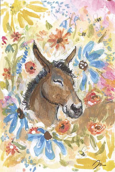 Jessica Mingo JM621 - JM621 - Think Happy Thoughts - 12x18 donkey, floral pattern, colorful flowers, watercolor painting, springtime, whimsical animal, cheerful scene, bees flying from Penny Lane