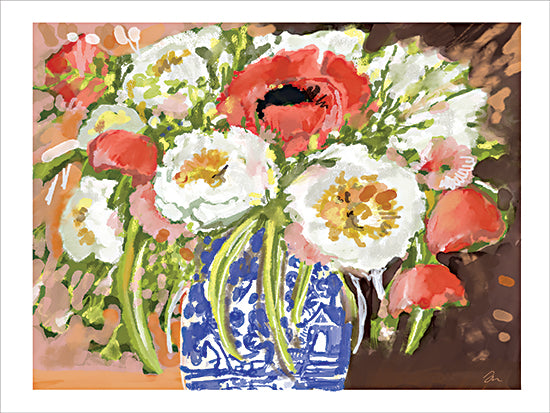 Jessica Mingo JM676 - JM676 - Garden Grace - 16x12 flower arrangement, peonies and poppies, blue chinoiserie vase, lush bouquet, painterly impressionism, warm and cool contrast, tabletop still life, garden fresh, decorative wall art from Penny Lane