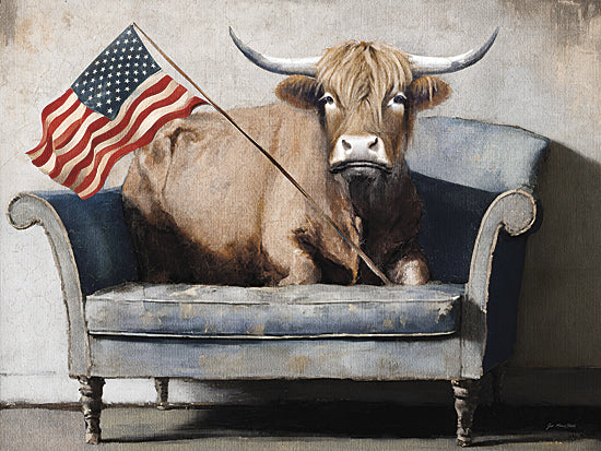 Jo Moulton JO144 - JO144 - Patriotic Couch Potato - 16x12 cow on couch, humorous art, American flag, rustic furniture, farmhouse humor, whimsical farm animal, Americana decor, surreal painting from Penny Lane