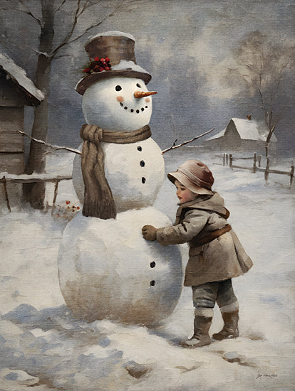 Jo Moulton JO159 - JO159 - Finishing Touch - 12x16 Winter, Snowman, Child, Girl, Landscape, Snow, House, Fence, Trees, Gray Day, Top Hat, Scarf from Penny Lane