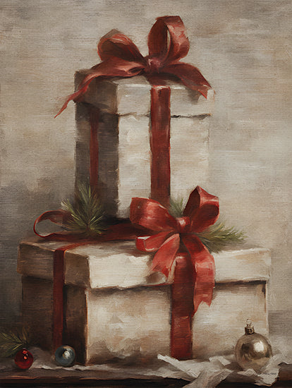 Jo Moulton JO180 - JO180 - Wrapped in Wonder - 12x16 Christmas, Holidays, Presents, Still Life, Red Ribbon, Ornaments, Evergreen Sprigs from Penny Lane