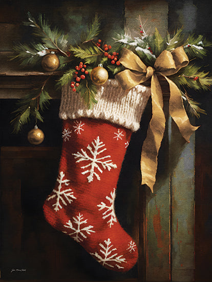 Jo Moulton JO182 - JO182 - Awaiting Santa - 12x16 Christmas, Holidays, Still Life, Stocking, Knitted Stocking, Red & White, Snowflakes, Gold Ribbon, Bow, Ornaments, Evergreen Sprigs, Berries, Winter from Penny Lane