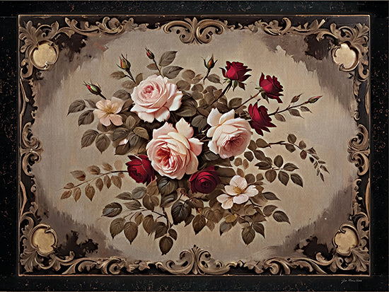 Jo Moulton JO271 - JO271 - Heirloom Roses - 16x12 moody bottle still life, ceramic jugs on wooden stool, draped patterned cloth, rustic neutral decor, dark background, vintage vessel arrangement, farmhouse still life, soft painterly shadows, minimal rustic composition, old world pottery, subdued palette, atmospheric home art from Penny Lane
