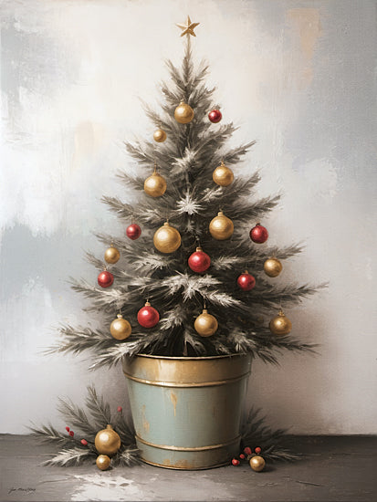 Jo Moulton JO307 - JO307 - Farmhouse Festive - 12x16 decorated Christmas tree, tabletop evergreen, gold ornaments, red baubles, star topper, holiday tree in metal bucket, frosted branches, neutral background, painterly Christmas art, vintage holiday decor, festive still life, rustic seasonal wall art, soft gray and gold palette, classic holiday charm from Penny Lane