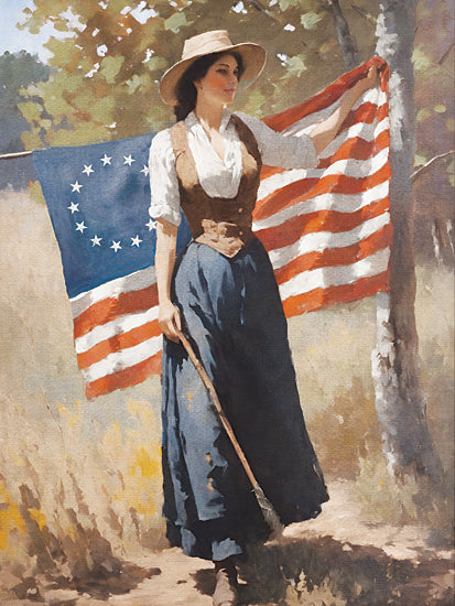 Jo Moulton JO332 - JO332 - The First Flag - 12x16 woman with flag, Betsy Ross style, American Revolution, rustic countryside, patriotic figure, Americana folk art from Penny Lane