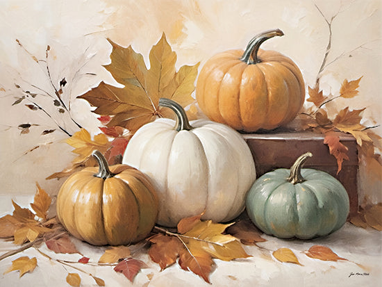 Jo Moulton JO372 - JO372 - Fall Vignette - 16x12 pumpkins, autumn still life, fall leaves, harvest decor, orange pumpkin, white pumpkin, green pumpkin, rustic tabletop, cozy seasonal palette, thanksgiving decor, watercolor style, farmhouse fall, kitchen decor, warm tones, painterly illustration from Penny Lane