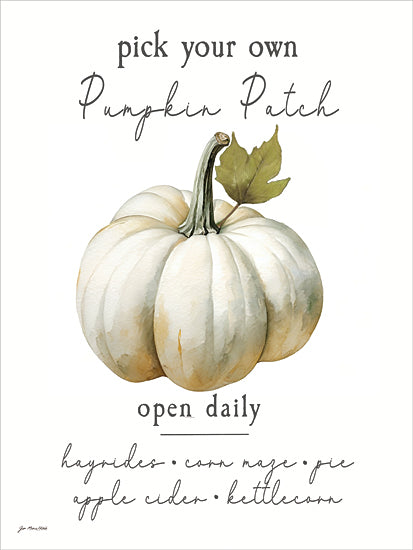 Jo Moulton JO376 - JO376 - Pumpkin Patch - 12x16 pumpkin patch sign, “pick your own pumpkin patch open daily”, farmhouse typography, fall quote, white pumpkin, autumn leaves, rustic seasonal decor, harvest festival sign, hayrides, corn maze, apple cider, kettle corn, modern farmhouse art, watercolor pumpkin, fall wall decor, word art from Penny Lane