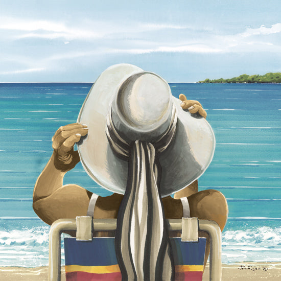 John Rossini JR441 - JR441 - Sun and Sea Breeze - 12x12 woman at tropical beach, oversized sun hat, turquoise ocean, seaside relaxation, resort coastal scene, summer vacation art, beach chair, bright aqua water, figurative coastal painting, sunny shoreline, tropical escape, feminine beach decor, vacation lifestyle illustration from Penny Lane