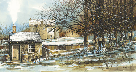 John Rossini JR454 - JR454 - Sugar Shack - 18x9 winter farm landscape, snowy countryside, sugar maple buckets, rustic shed, bare trees, country homestead, seasonal snow scene, rural winter art, painterly farm view, cold weather landscape, maple sugaring, farmhouse decor, quiet pastoral winter morning from Penny Lane
