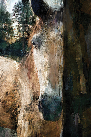 Kamdon Kreations KAM1026 - KAM1026 - Just Behind the Pole - 12x18 abstract deer portrait, close-up woodland animal, rustic barn doorway, teal metal pail, textured mixed media effect, expressive brushwork, earthy brown and cream tones, moody farmhouse wall art, painterly wildlife, atmospheric country scene from Penny Lane
