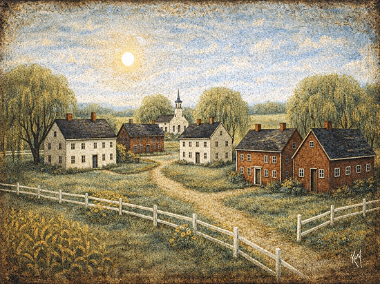 Keith Bowman KB101 - KB101 - Folk Art Village - 16x12 primitive village, country church, small houses, sunlit sky, white fences, winding path, willow trees, folk art landscape, Americana village, rural settlement, rustic textured painting, peaceful countryside, vintage town scene, pastoral path, colonial style buildings from Penny Lane
