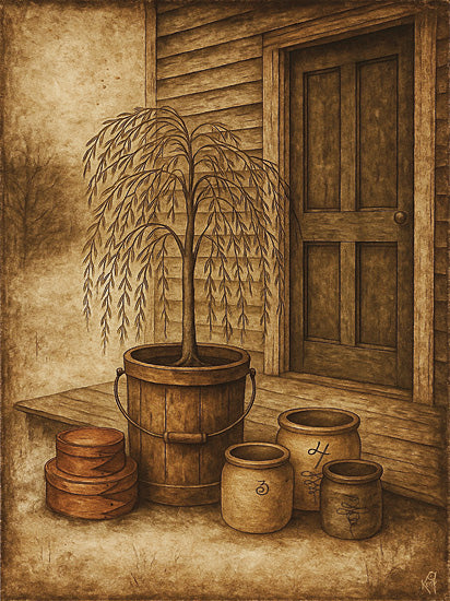 Keith Bowman KB108 - KB108 - The Olde Willow - 12x16 primitive porch still life, potted willow tree, wooden bucket, stoneware crocks, rustic doorway, colonial country decor, sepia folk art, vintage farmhouse entry, pottery vessels, weathered wood siding, warm brown palette, decorative antique crockery, simple primitive home scene from Penny Lane