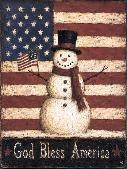 Keith Bowman KB150 - KB150 - God Bless America Snowman - 12x16 patriotic & americana, holidays & seasonal, typography, flags & stars, winter, inspirational, word art, snowman, american flag, top hat, scarf, folk art, vintage, digital painting, red from Penny Lane