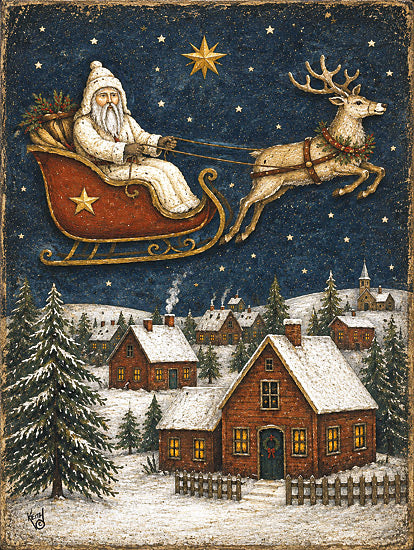Keith Bowman KB155 - KB155 - Santa in Sleigh - 12x16 holidays & seasonal, animals, landscape, christmas, winter, wildlife, country, santa, reindeer, sleigh, starry night, snowy village, houses, pine trees, star, folk art, vintage, mixed media, navy from Penny Lane