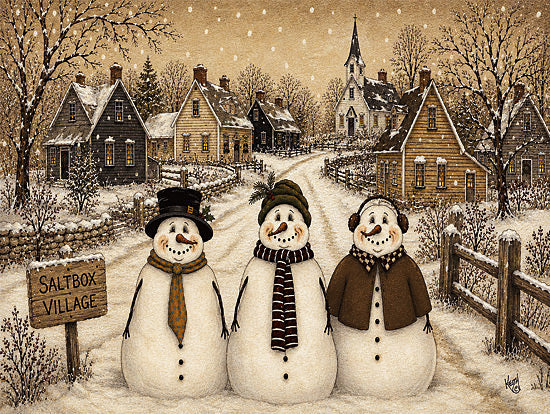 Keith Bowman KB162 - KB162 - Saltbox Village Snowmen - 16x12 holidays & seasonal, landscape, winter, christmas, country, rural, snowman, village, snow, church, fence, path, folk art, whimsical, mixed media, brown from Penny Lane