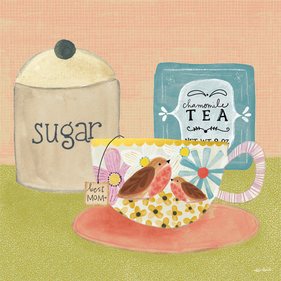 Katie Doucette KD262 - KD262 - Chamomile Tea - 12x12 tea time still life, sugar canister, chamomile tea box, floral mug with birds, pink placemat, pastel kitchen decor, cozy beverage theme, whimsical countertop scene, folk art tea illustration, motherly gift art from Penny Lane