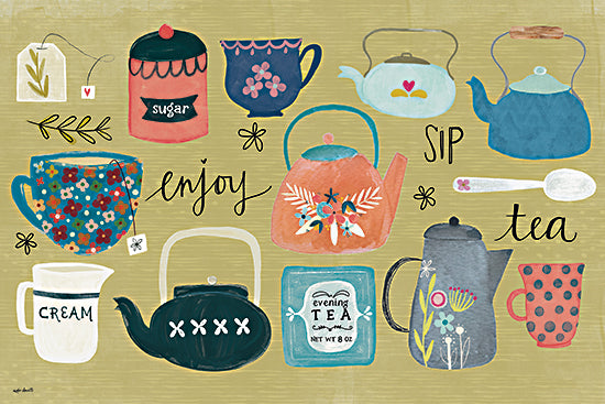 Katie Doucette KD276 - KD276 - Enjoy & Sip Tea - 18x12 enjoy sip tea, teapot and teacup collage, sugar canister, cream pitcher, tea tag, floral mug, evening tea tin, kitchen still life, olive green background, whimsical folk art beverage decor from Penny Lane