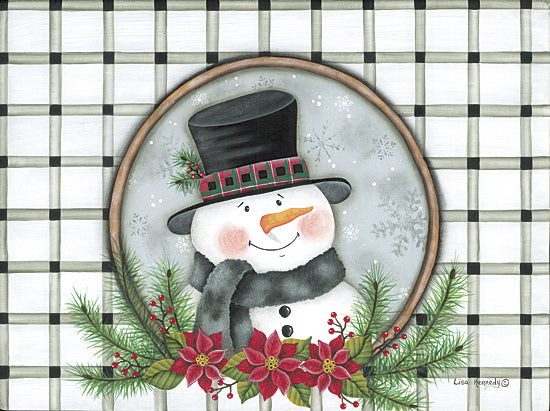 Lisa Kennedy KEN1337 - KEN1337 - Poinsettia Snowman Portrait - 16x12 Snowman, top hat, red plaid ribbon, poinsettia flowers, pine needles, holiday scene, Christmas background, snowflakes, Lisa Kennedy from Penny Lane