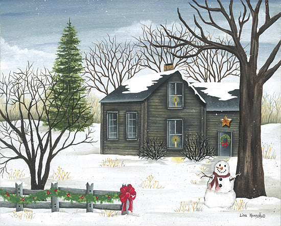 Lisa Kennedy KEN1348 - KEN1348 - Winter's Warmth at Home - 16x12 winter farmhouse scene, snowman by rustic house, snowy yard, evergreen tree, split rail fence with garland, candlelit windows, peaceful country winter landscape, holiday home decor, nostalgic rural painting, soft snowfall from Penny Lane
