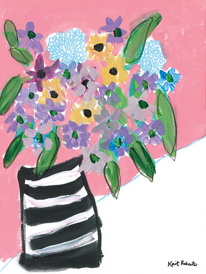 Kait Roberts KR911 - KR911 - A Gentle Awakening - 12x16 purple and yellow flowers, striped black vase, pink background, modern floral composition, abstract bouquet, contemporary still life, painterly texture, decorative floral art, feminine color story, bold brush strokes, lively arrangement, cheerful wall decor from Penny Lane
