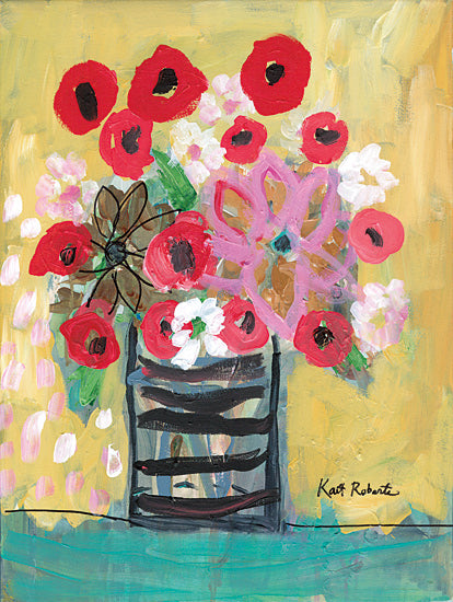 Kait Roberts KR912 - KR912 - Flowers for Jane - 12x16 red flowers, pink flowers, striped vase, yellow background, bee illustration, whimsical bouquet, floral painting, contemporary still life, playful botanical art, painterly brushwork, decorative wall art, feminine decor, folk-inspired insect accent from Penny Lane