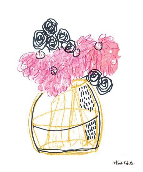 Kait Roberts KR917 - KR917 - Pretty in Pink - 12x16 abstract bouquet, pink blossoms, black outlined roses, yellow vase, whimsical floral art, mixed media look, modern still life, gestural linework, playful composition, feminine decor, loose petals, expressive stems, hand drawn flowers, contemporary floral print, pastel pink and gold palette, artistic bouquet illustration from Penny Lane