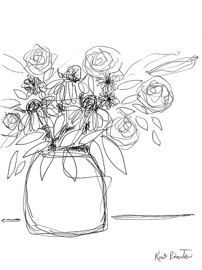 Kait Roberts KR926 - KR926 - That'll Be the Day - 12x16 red pink bouquet, kraft paper background, dotted vase, abstract floral still life, painterly roses, loose botanical sketch, vibrant blooms, textured floral art, feminine wall decor, contemporary bouquet painting, hand drawn leaves, expressive petals, warm neutral backdrop, artistic flower arrangement, modern floral composition, cheerful painterly print from Penny Lane