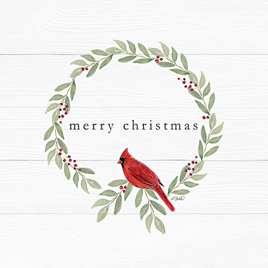 Kate Sherrill KS287 - KS287 - Merry Christmas Cardinal Wreath - 12x12 Christmas, Holidays, Cardinal, Wreath, Holly, Berries, Merry Christmas, Typography, Signs, Textual Art, Wood Planks from Penny Lane