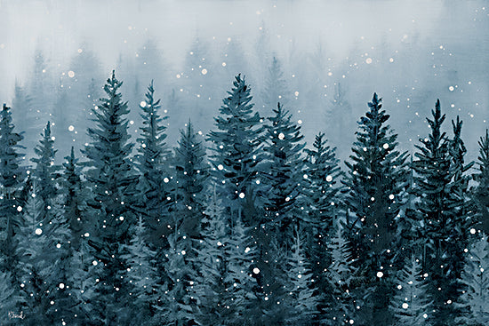 Kate Sherrill KS303 - KS303 - The Frozen Pines - 18x12 snowy pine forest, winter landscape, blue evergreen trees, falling snow, moody woodland scene, misty forest painting, nature wall art, serene winter woods, cool blue palette, layered trees, atmospheric landscape, snowfall art, peaceful wilderness, painterly forest scene, holiday winter decor, tranquil evergreen painting from Penny Lane