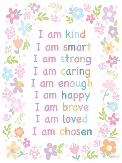 Lisa Larson LAR726 - LAR726 - I am Kind     - 12x16 typography, juvenile, botanical, inspirational, word art, children, floral, greenery, affirmation, positive message, pastel, flower, border, whimsical, feminine, digital illustration, multicolor from Penny Lane