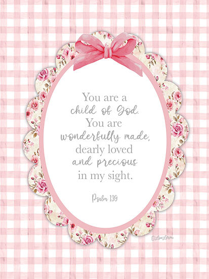 Lisa Larson LAR728 - LAR728 - Child of God     - 12x16 backgrounds & patterns, religious & spiritual, botanical, typography, juvenile, floral, inspirational, word art, baby, pink gingham, bible verse, roses, ribbon, scalloped frame, feminine, decorative, digital illustration, pink from Penny Lane