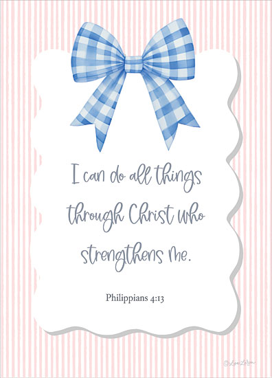Lisa Larson LAR731 - LAR731 - I Can Do All Things     - 12x16 religious & spiritual, typography, backgrounds & patterns, inspirational, word art, bible verse, scripture, gingham, bow, stripes, quote, christian, feminine, whimsical, digital illustration, pink from Penny Lane