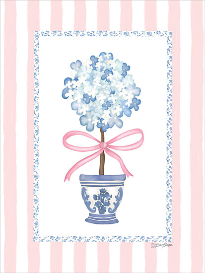 Lisa Larson LAR732 - LAR732 - Petal Princess Pot     - 12x16 botanical, backgrounds & patterns, still life, floral, hydrangea, topiary, potted flower, pink ribbon, blue & white pattern, stripes, floral border, decorative, feminine, digital illustration, multicolor from Penny Lane