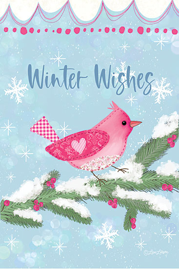 Lisa Larson LAR734 - LAR734 - Winter Wishes - 12x18 pink bird on snowy pine branch, winter wishes text, aqua background, whimsical holiday card art, snowflakes, berries and greenery, decorative seasonal typography, cheerful bird illustration, folk art style, festive winter greeting from Penny Lane