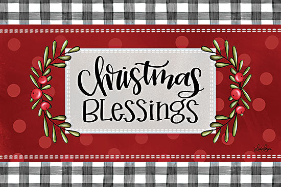 Lisa Larson LAR744 - LAR744 - Christmas Blessings - 18x12 christmas blessings text, red and black buffalo check border, holiday sign, berries and leaves, decorative farmhouse style, festive word art, seasonal greeting, graphic holiday design, cozy christmas decor from Penny Lane