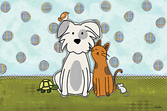 Lisa Larson LAR750 - LAR750 - Best of Friends - 18x12 whimsical dog and cat with tiny bird, turtle and mouse, playful pets illustration, blue polka dot background, juvenile animal art, friendly companions, nursery style artwork, folk-inspired design, cute pet portrait from Penny Lane