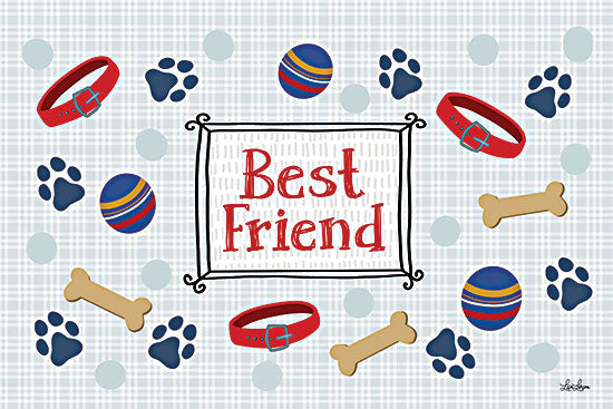 Lisa Larson LAR751 - LAR751 - Best Friend - 18x12 animals, backgrounds & patterns, typography, hobbies & entertainment, pets, games, word art, dog, paw print, collar, dog bone, toy ball, plaid, polka dot, whimsical, decorative, digital illustration, multicolor from Penny Lane