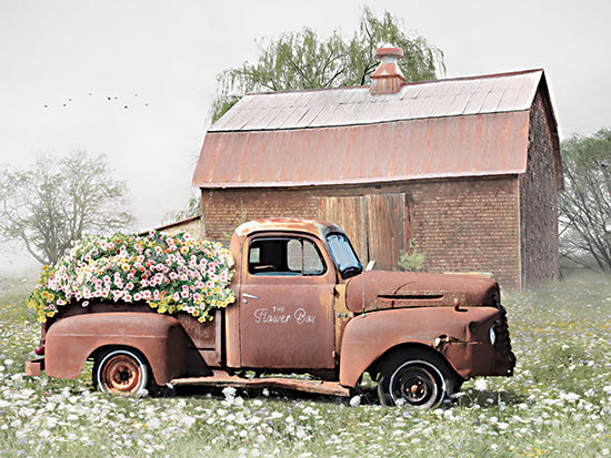 Lori Deiter LD2885 - LD2885 - The Rusty Flower Box - 16x12 rustic flower truck, vintage pickup, bed full of flowers, foggy meadow, old barn, spring field, country farm scene, soft muted colors, shabby chic farmhouse, painterly landscape, transportation art, floral country from Penny Lane
