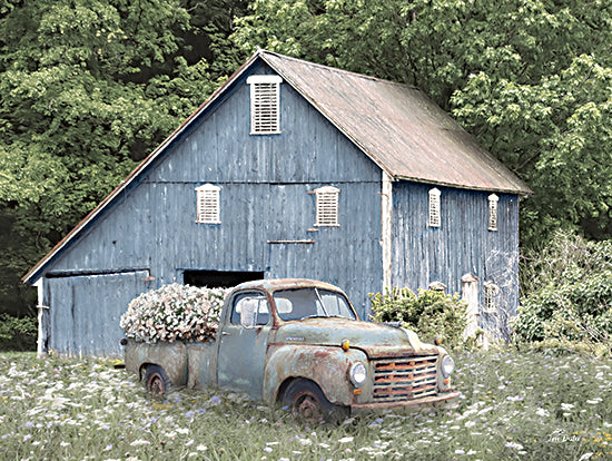 Lori Deiter LD3314 - LD3314 - The Old Blue Barn - 16x12 blue barn, rustic barn, weathered wood, country barn, old pickup truck, vintage truck, rusty truck, flowers in truck bed, white blossoms, wildflower field, meadow, spring summer, rural countryside, farmhouse style, pastoral landscape, greenery, nature, americana, transportation, farm, painterly, brush strokes from Penny Lane