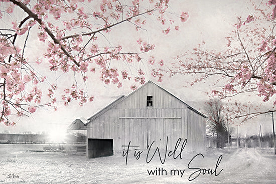 Lori Deiter LD3583 - LD3583 - It is Well - 18x12 white barn, pink cherry blossoms framing, rural road, spring bloom, misty field, soft light, farmhouse exterior, romantic pastel, dreamy landscape, quiet countryside, painterly texture from Penny Lane
