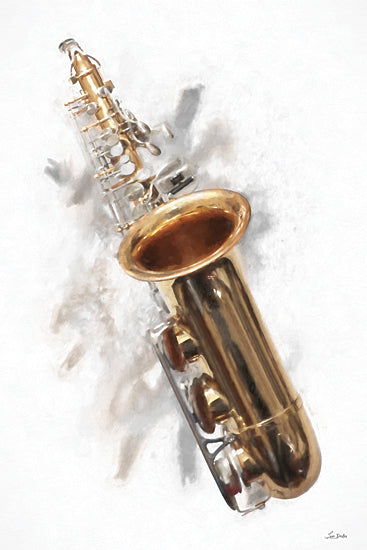 Lori Deiter LD3629 - LD3629 - Saxy Horn II - 12x18 golden saxophone, musical instrument, white background, isolated still life, brass sax, painterly realism, contemporary music art, elegant instrument portrait, jazz decor, soft shadow, minimalist composition from Penny Lane