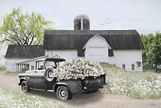Lori Deiter LD3676 - LD3676 - Willow Tree Farms - 18x12 vintage black pickup truck with flowers, white barn, spring countryside, rural farm scene, blooming petunias, rustic truck art, country landscape, farmhouse decor, soft painterly finish, pastoral scene from Penny Lane